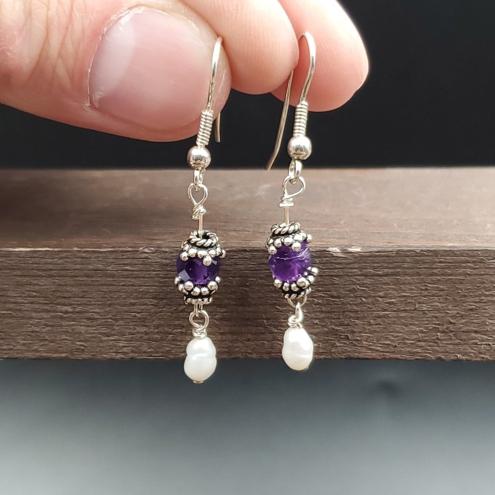 Sterling Silver Small Amethyst And Pearls Long Earrings